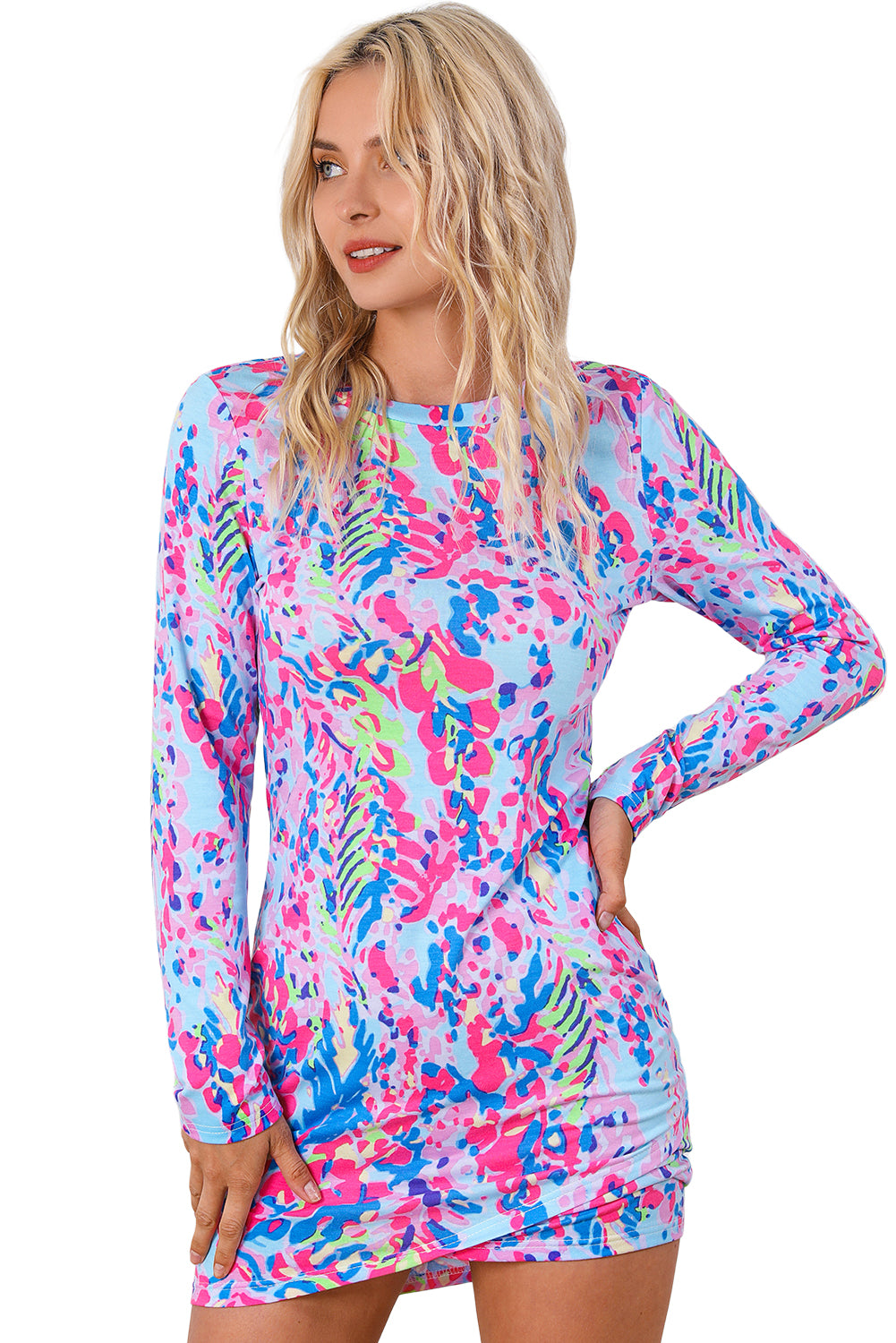 Floral Print Crossed Hem Long Sleeve Mini Dress