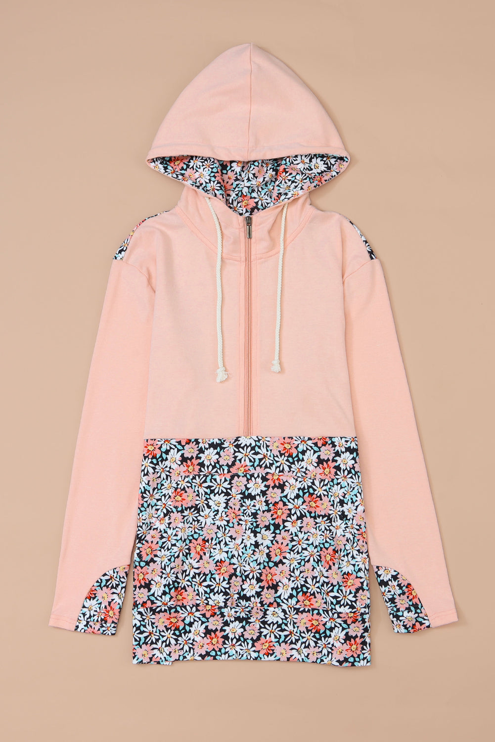 Casual Daisy Print Patchwork Half Zip Hoodie