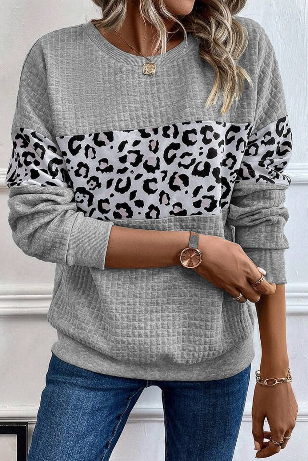 Gray Leopard Quilted Patchwork Pullover Sweatshirt