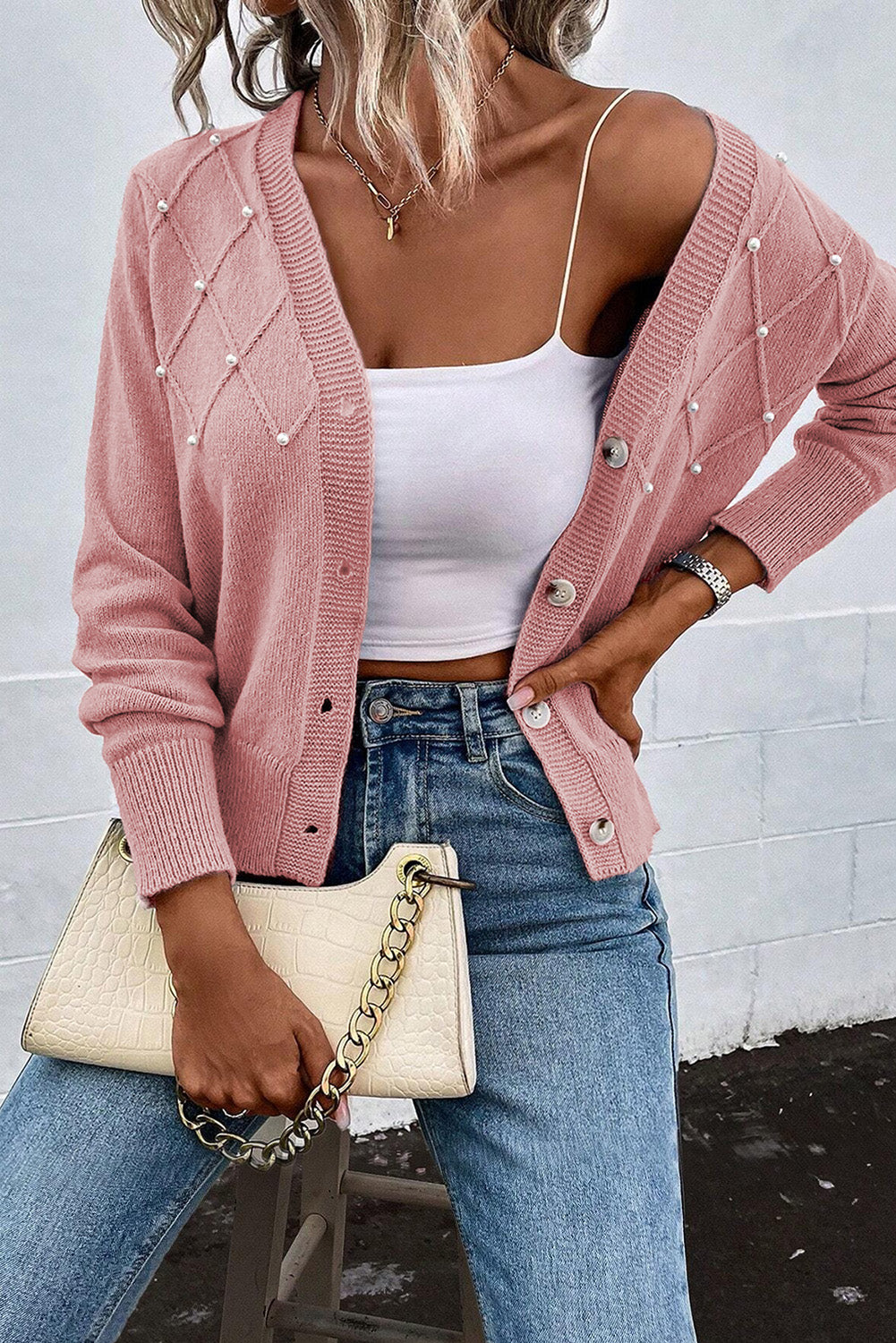 Pearl Beaded Button Up Knit Cardigan