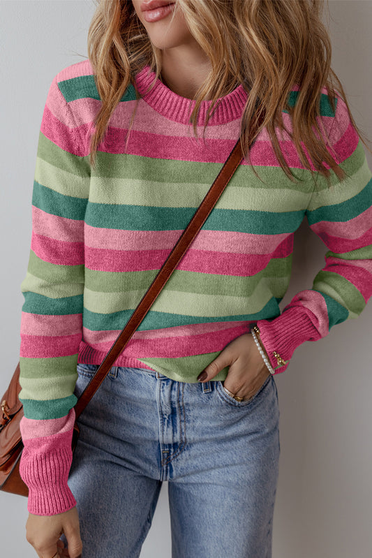 Gray Striped Ribbed Edge Round Neck Sweater