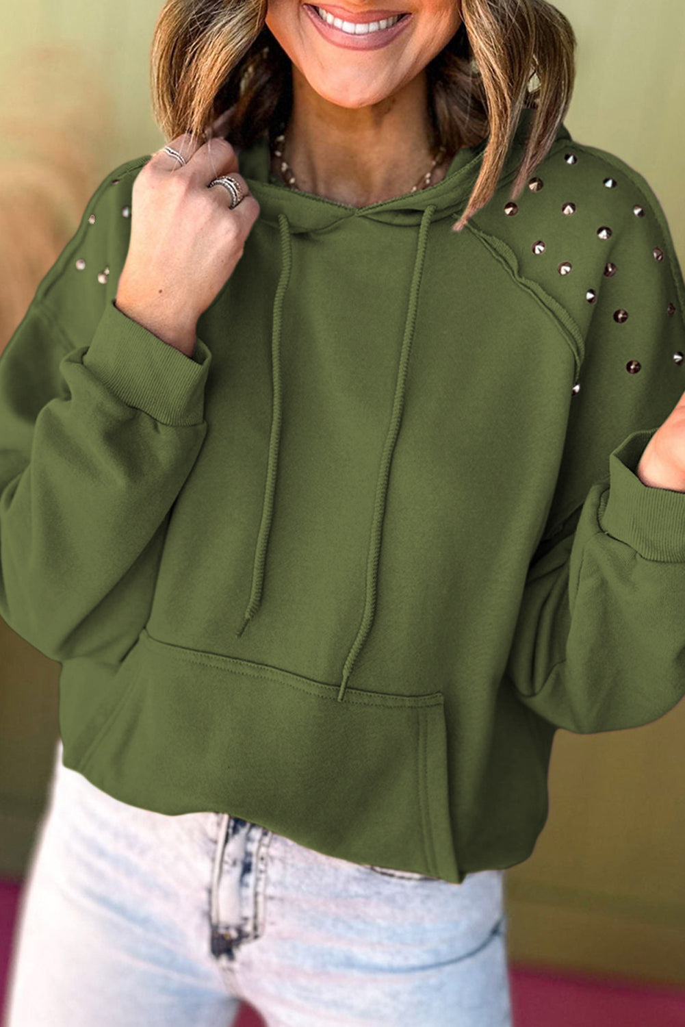 Stud Detail Kangaroo Pocket Drawstring Hoodie