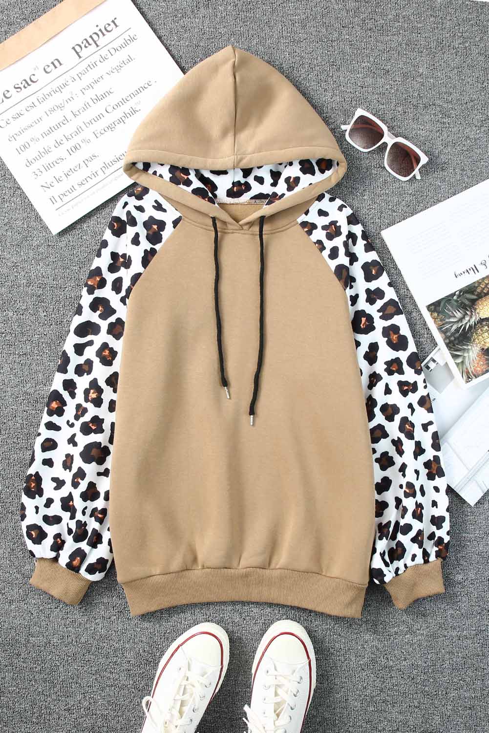 Khaki Leopard Bishop Sleeve Drawstring Hoodie