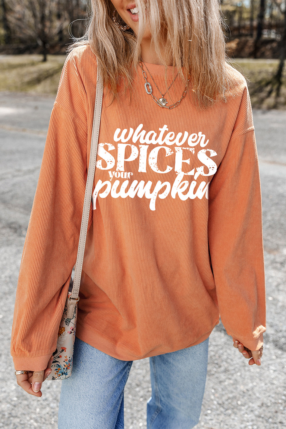 Crinkle Rib Whatever Spices Your Pumpkin Graphic Sweatshirt