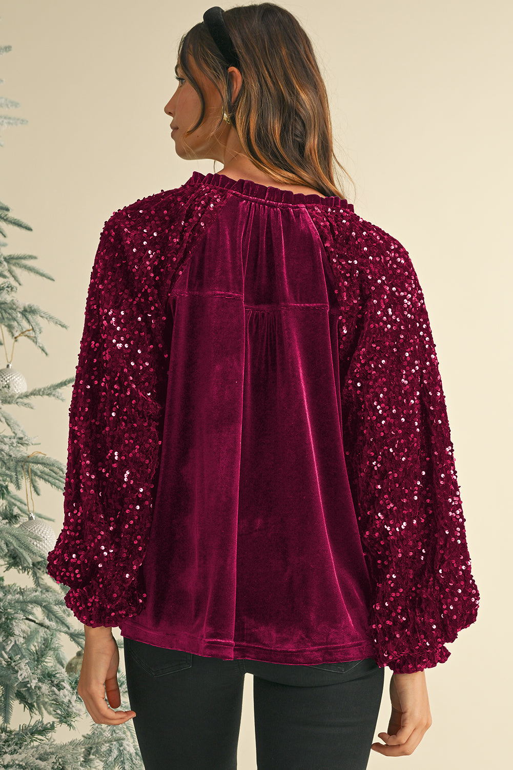 Dahlia Velvet Sequin Patchwork Sleeve Button Up Blouse