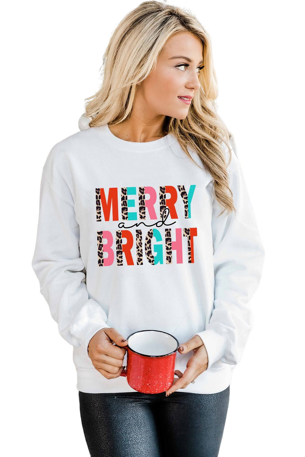 White MERRY and BRIGHT Leopard Print Pullover Sweatshirt