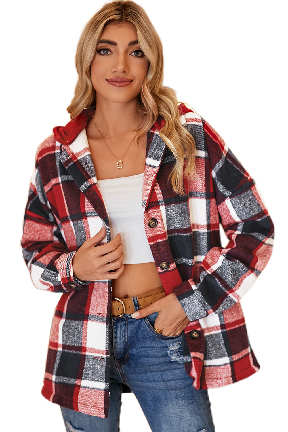 Plaid Button Front Hooded Shacket