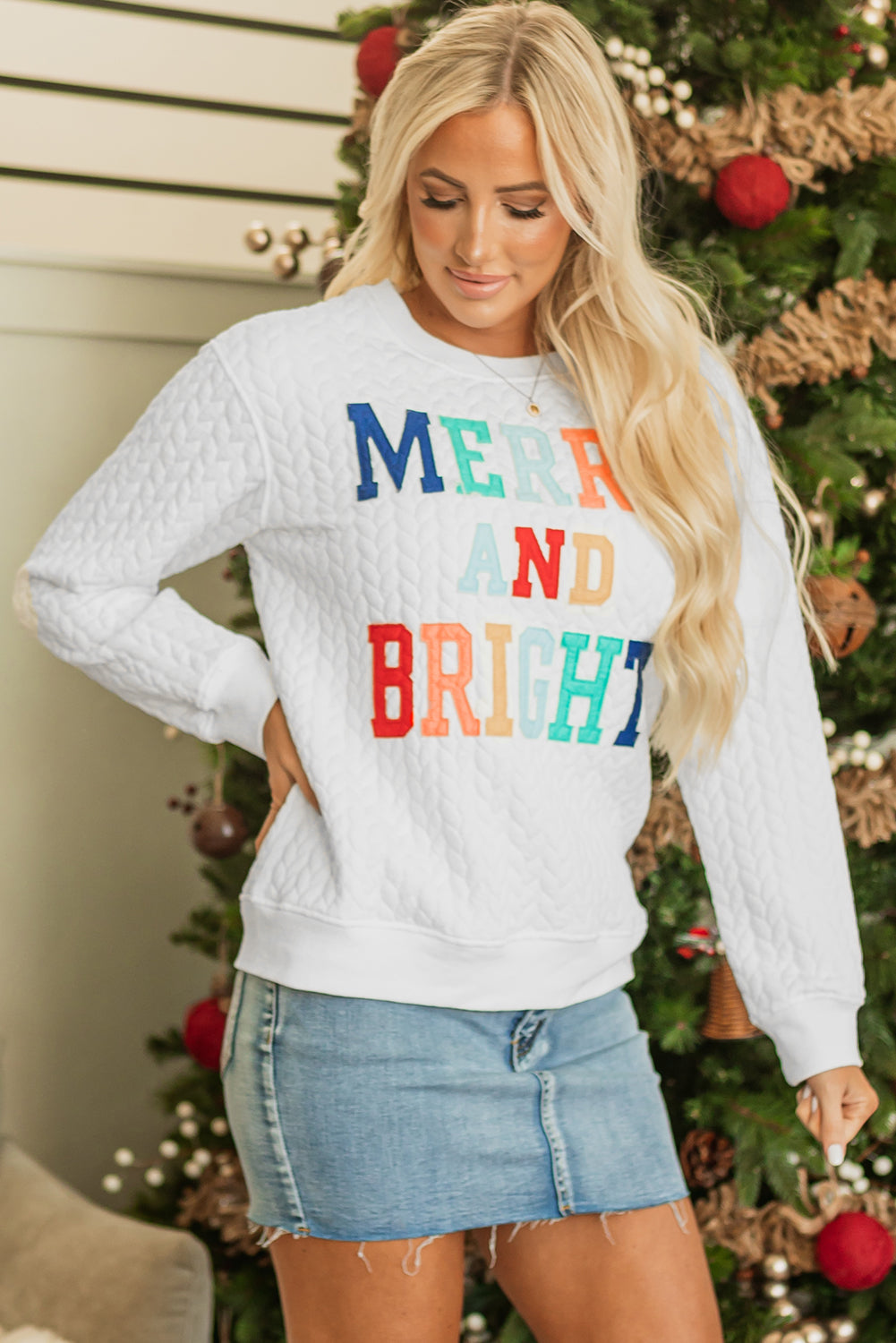 Merry And Bright Cable Knit Pullover Sweatshirt