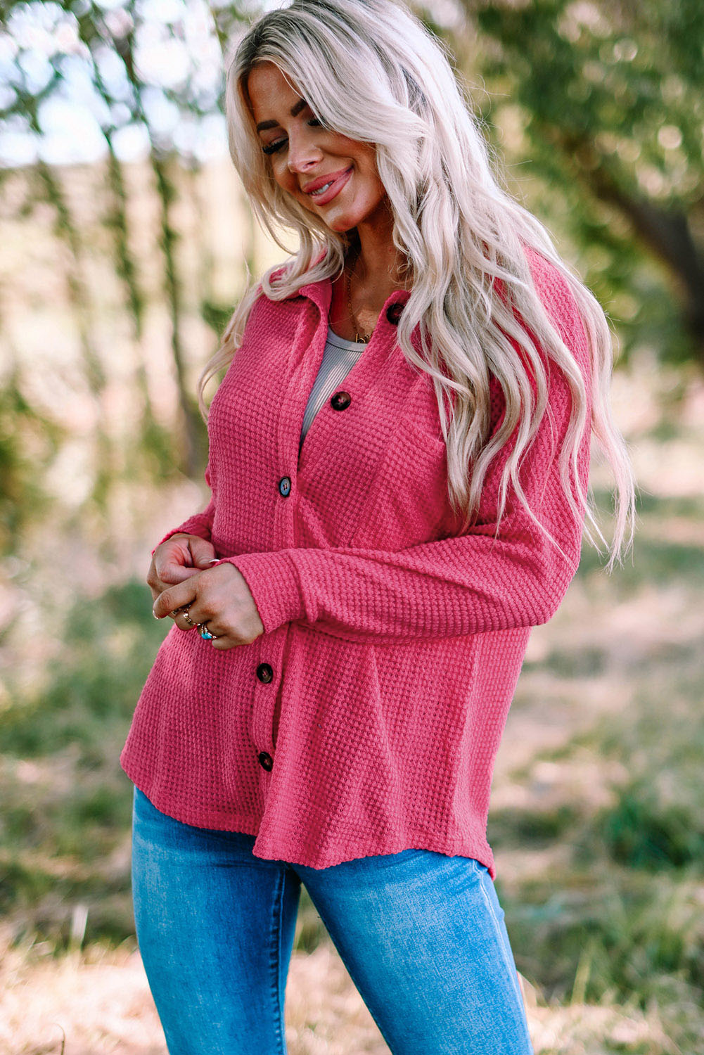 Plus Size Chest Pocket Waffle Knit Shirt