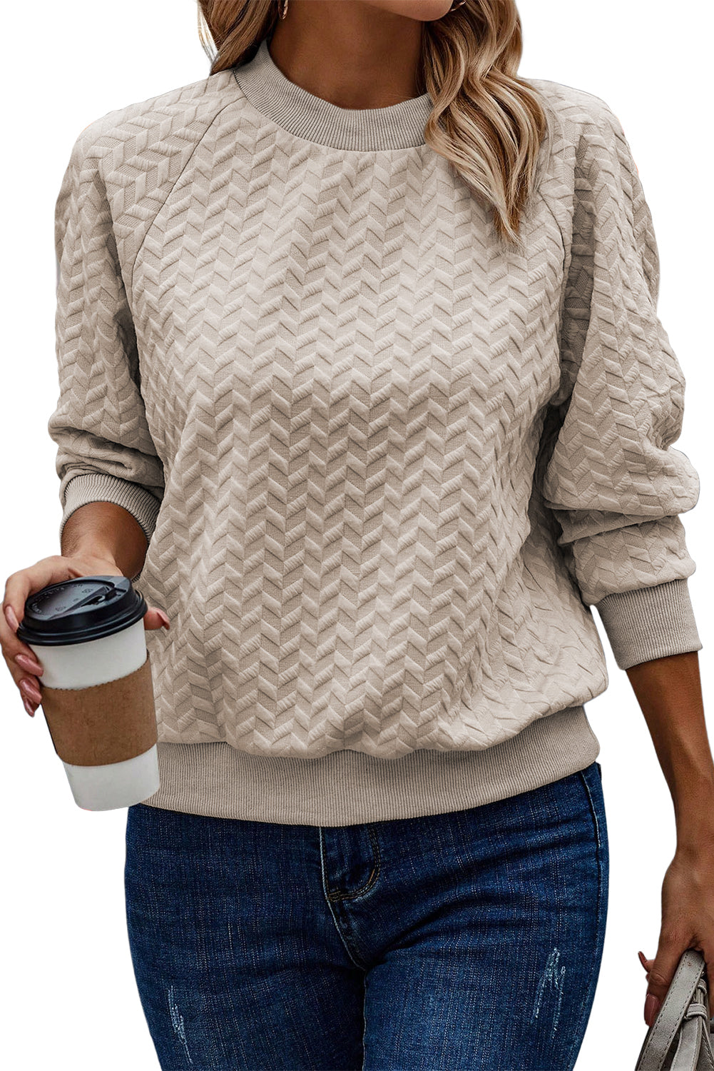 Solid Color Textured Raglan Sleeve Pullover Sweatshirt