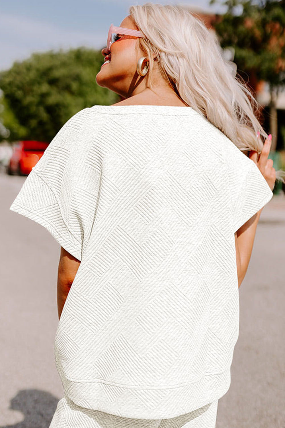 White Textured Long Sleeve Top and Drawstring Shorts Set