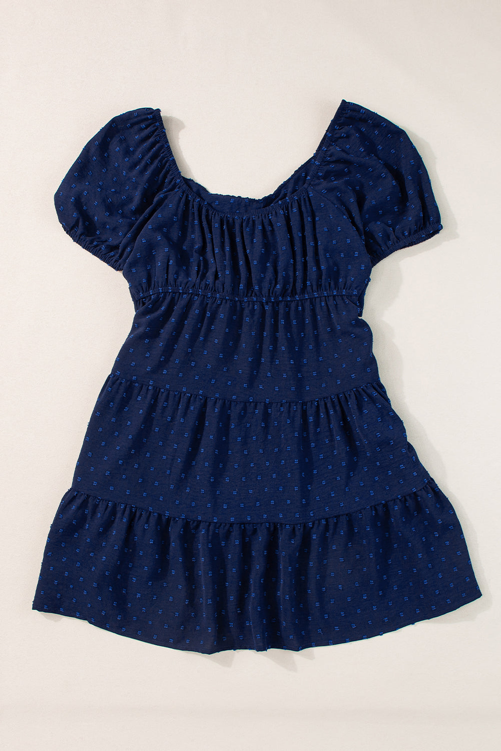 Swiss Dot Jacquard Puff Sleeve Crossover Tied Tiered Dress