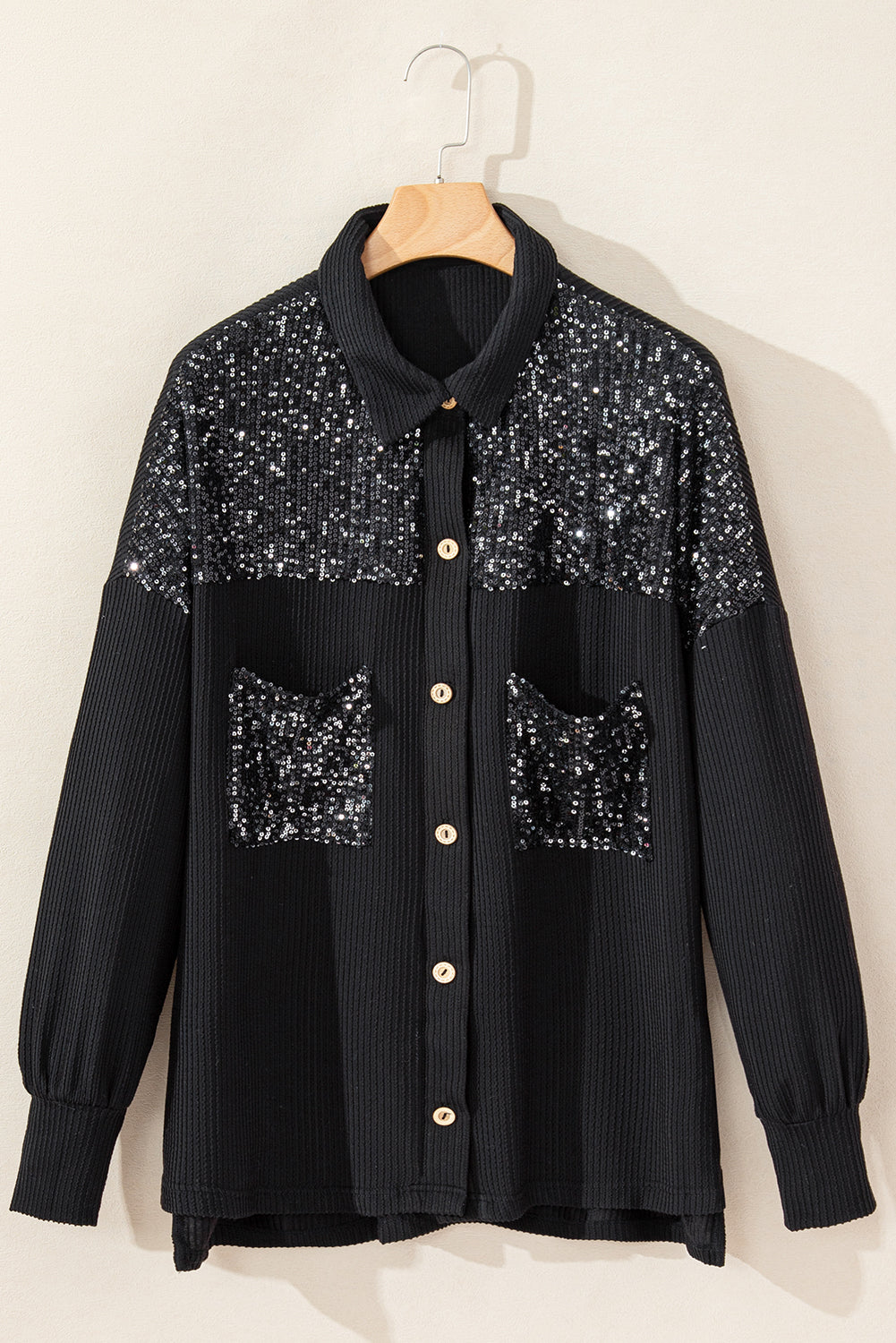 Sequin Patch Chest Pocket Corded Shacket