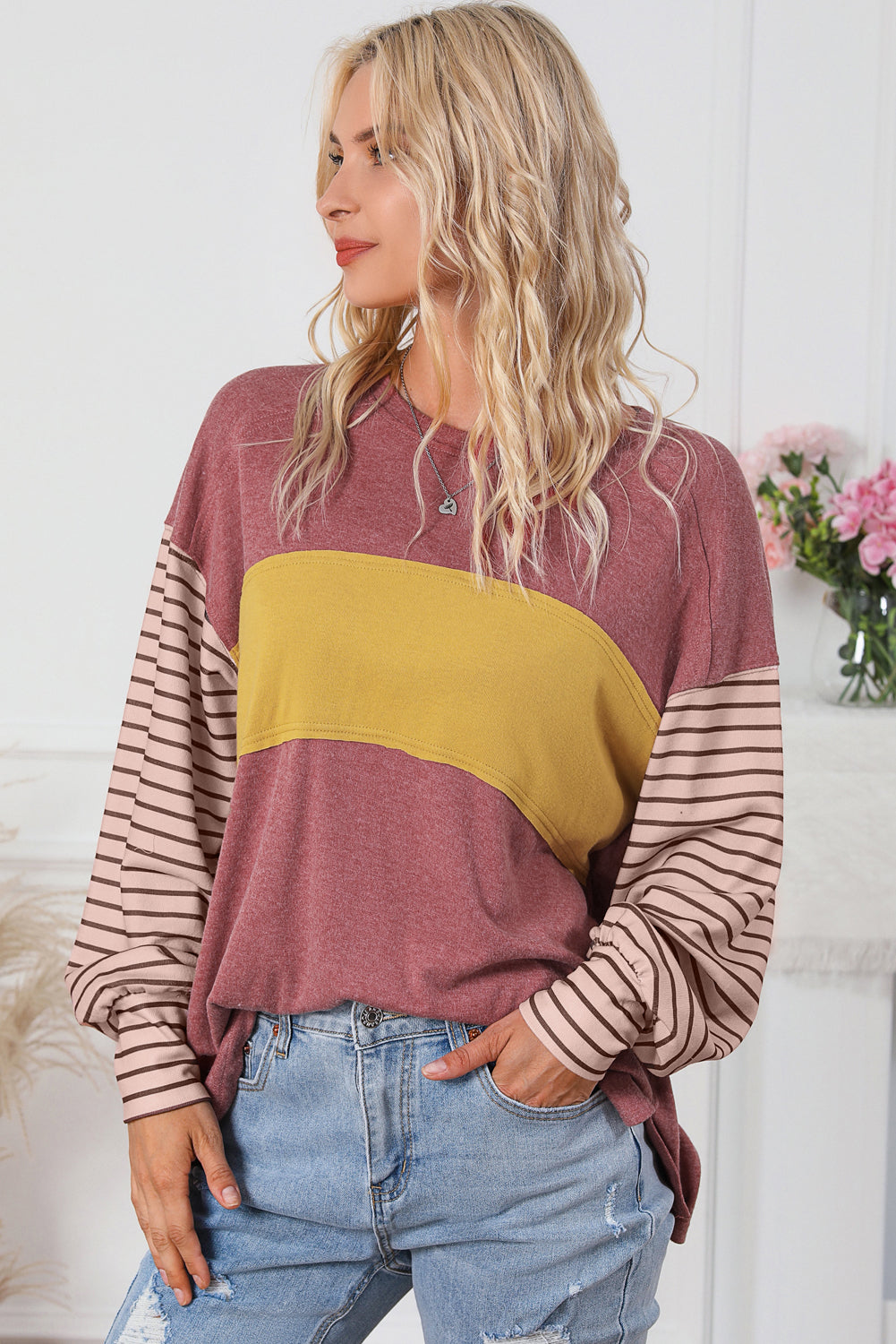 Colorblock Striped Bishop Sleeve Top