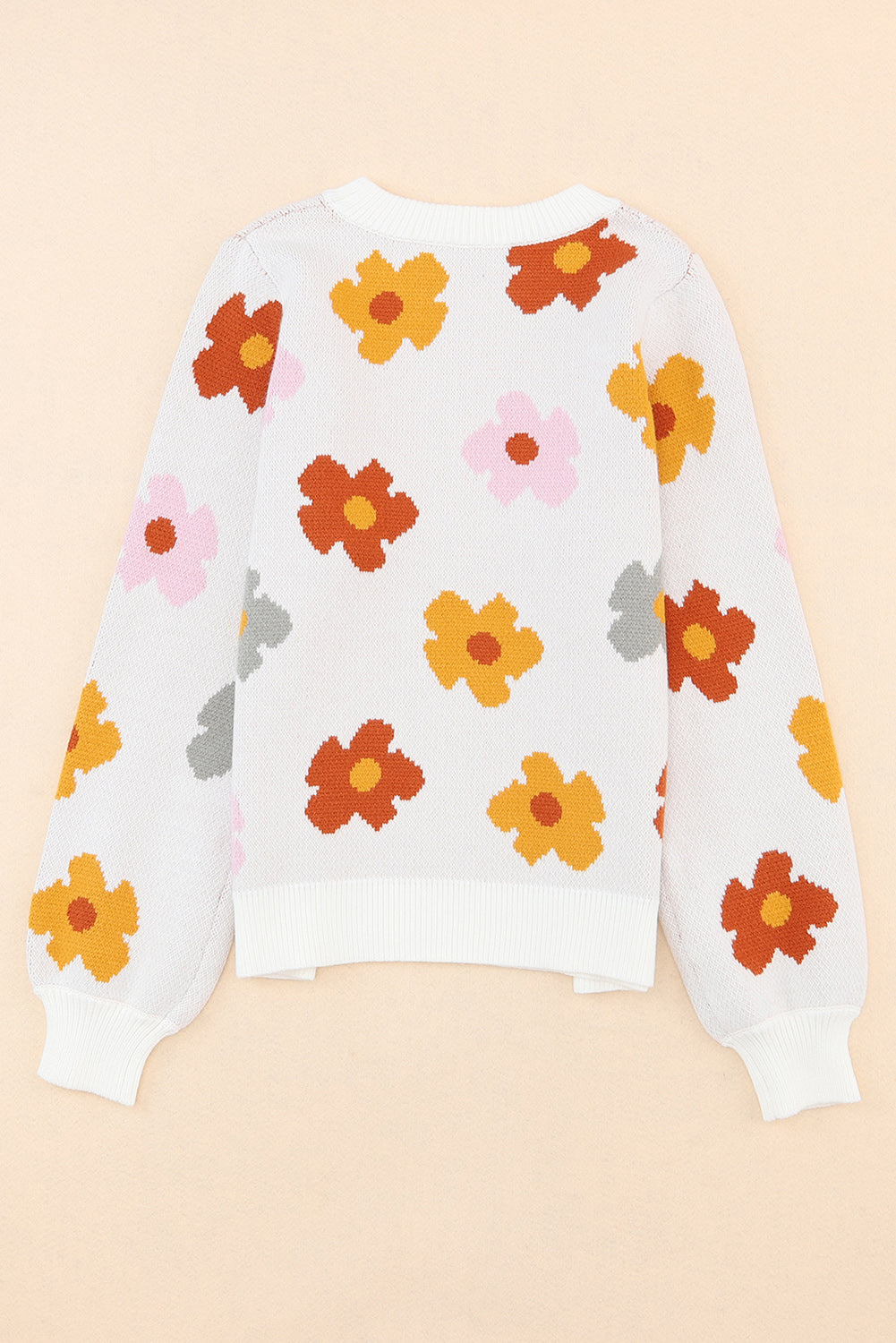 White Plus Size Flower Pattern Ribbed Trim Casual Sweater