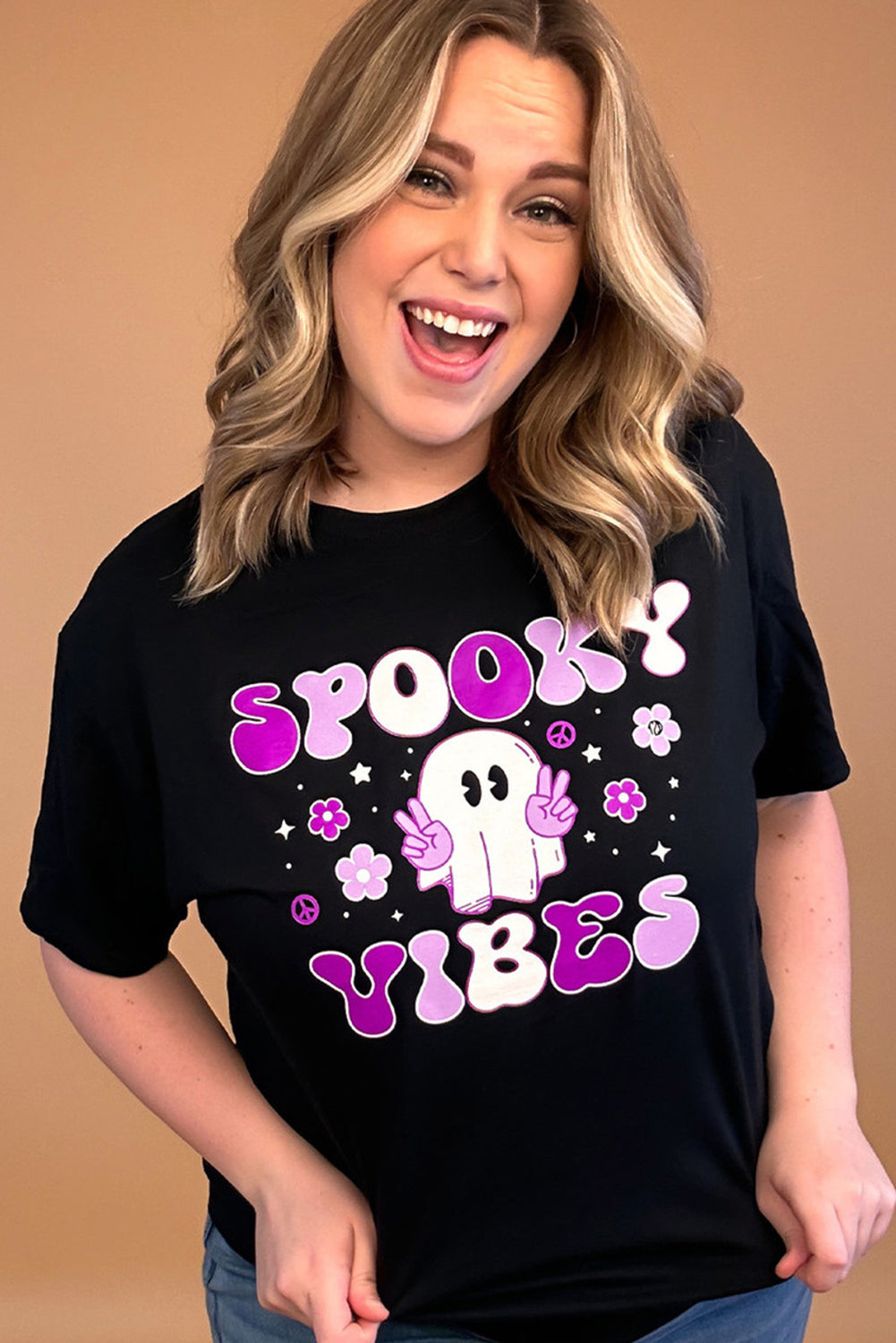 SPOOKY VIBES Ghost Flower Graphic Crew Neck T Shirt