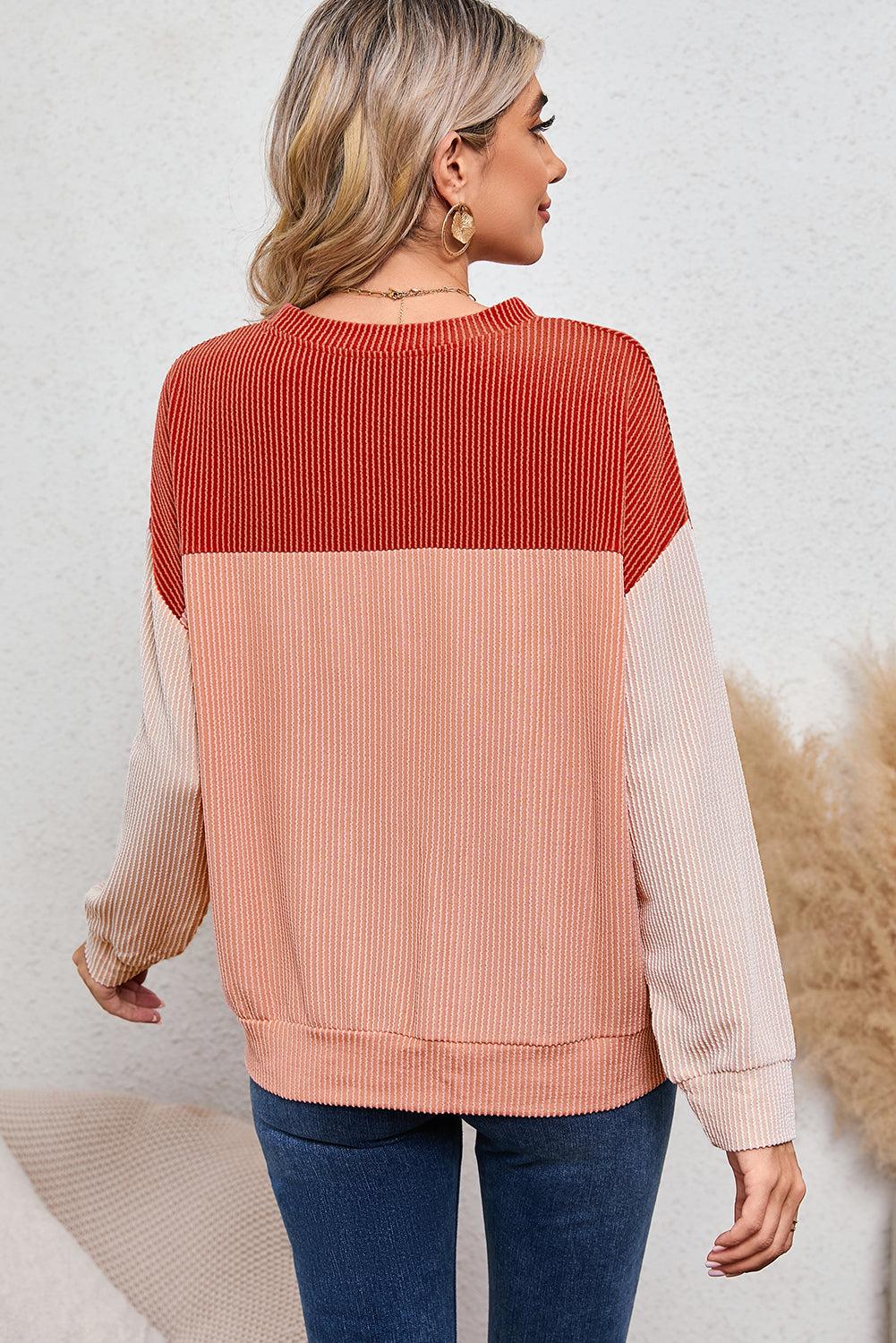 Ribbed Color Block Long Sleeve Top