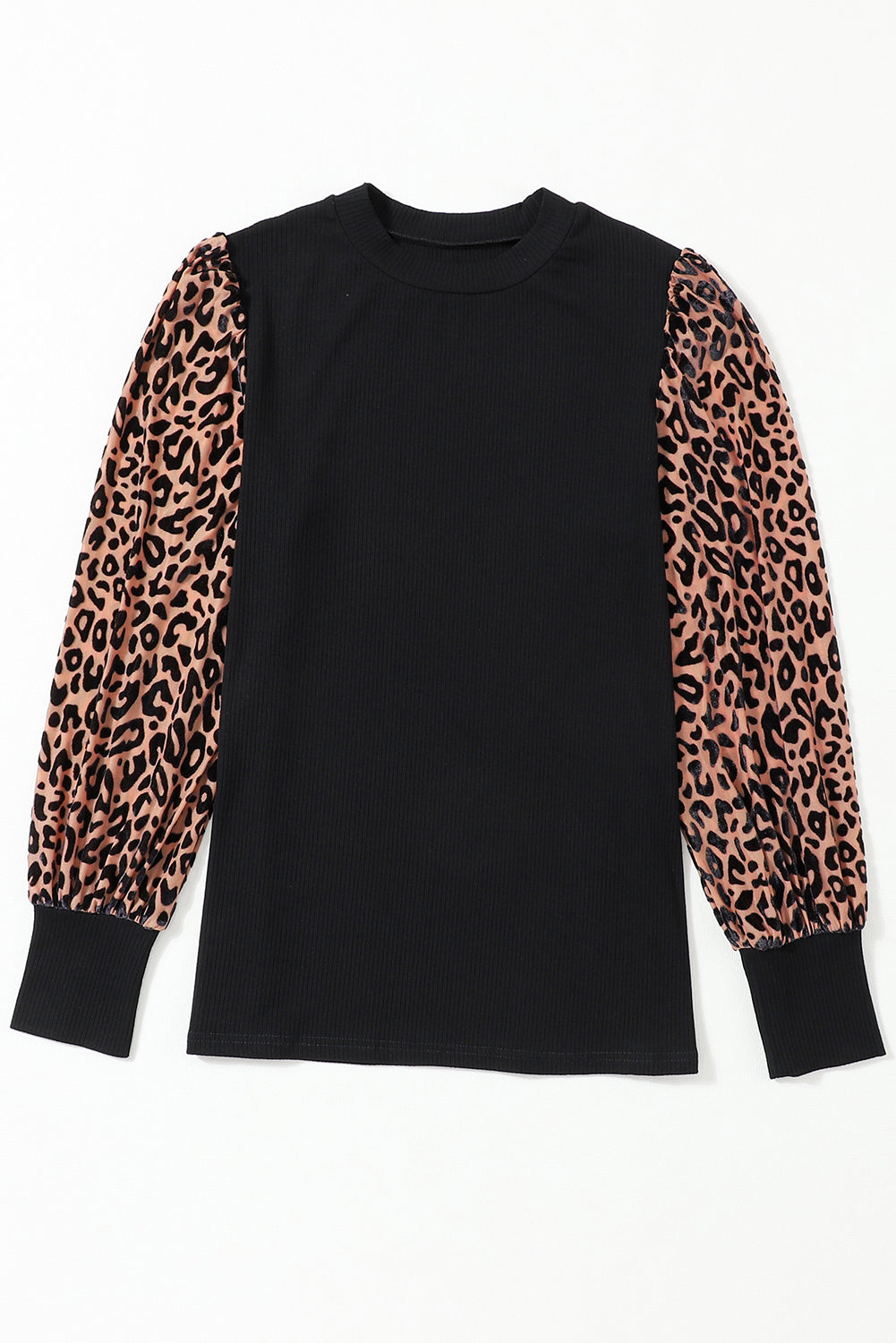 Black Leopard Print Long Sleeve Ribbed Knit Blouse