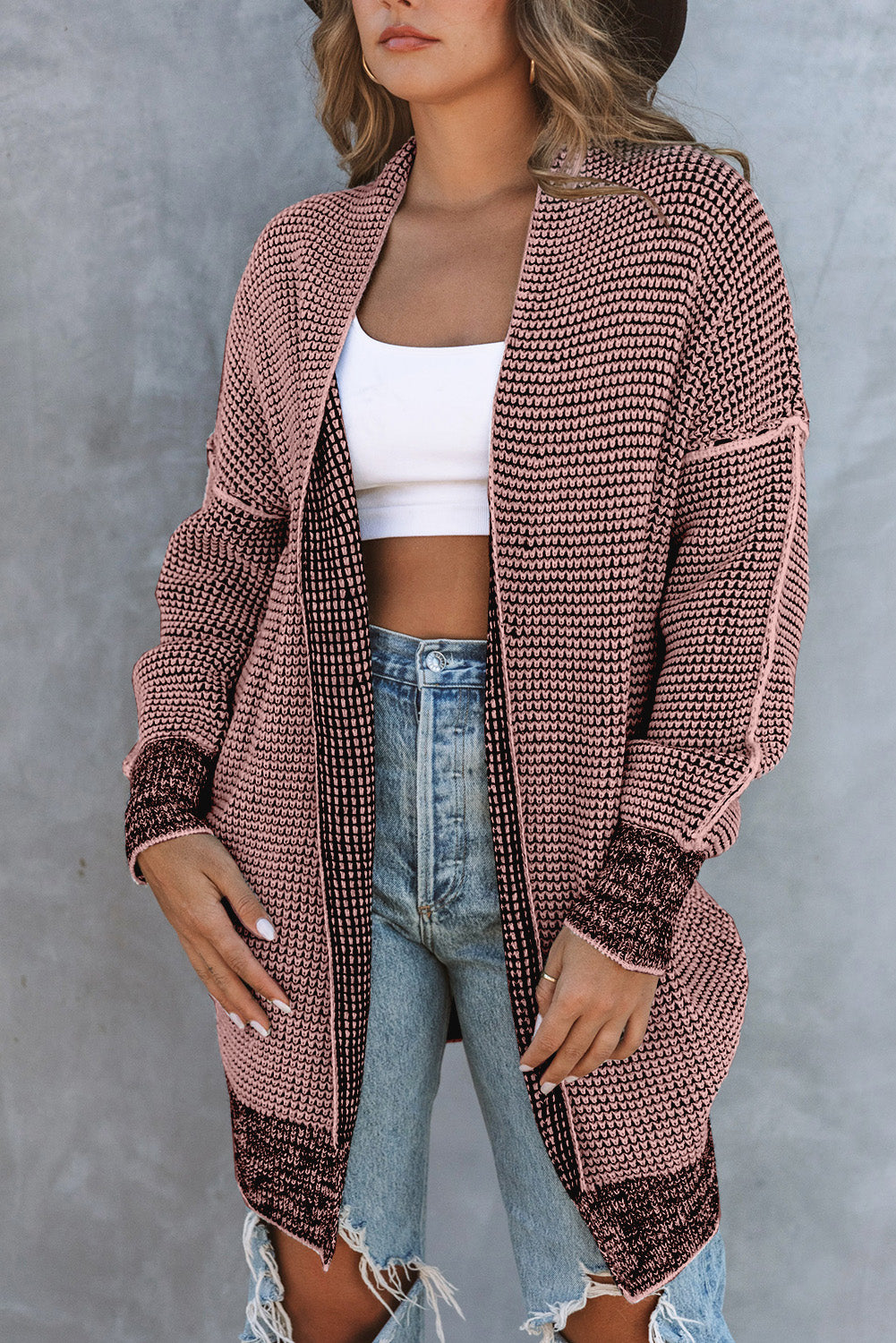 Plaid Casual Contrast Trim Knit Cardigan