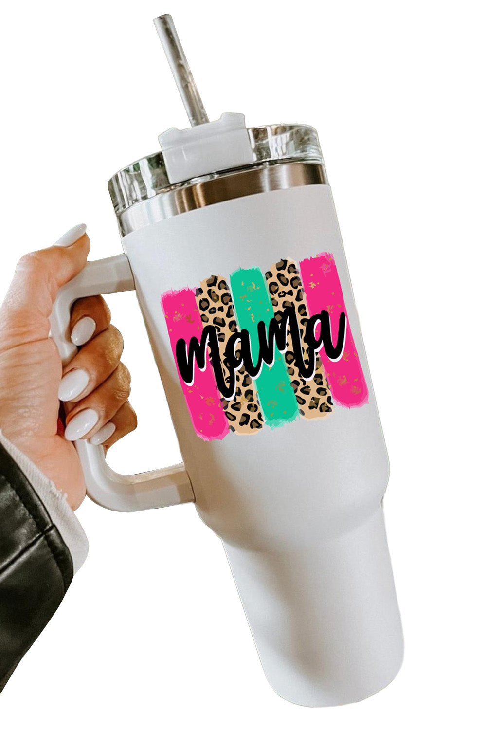 White mama Leopard Colorblock Handle Portable Cup 40oz