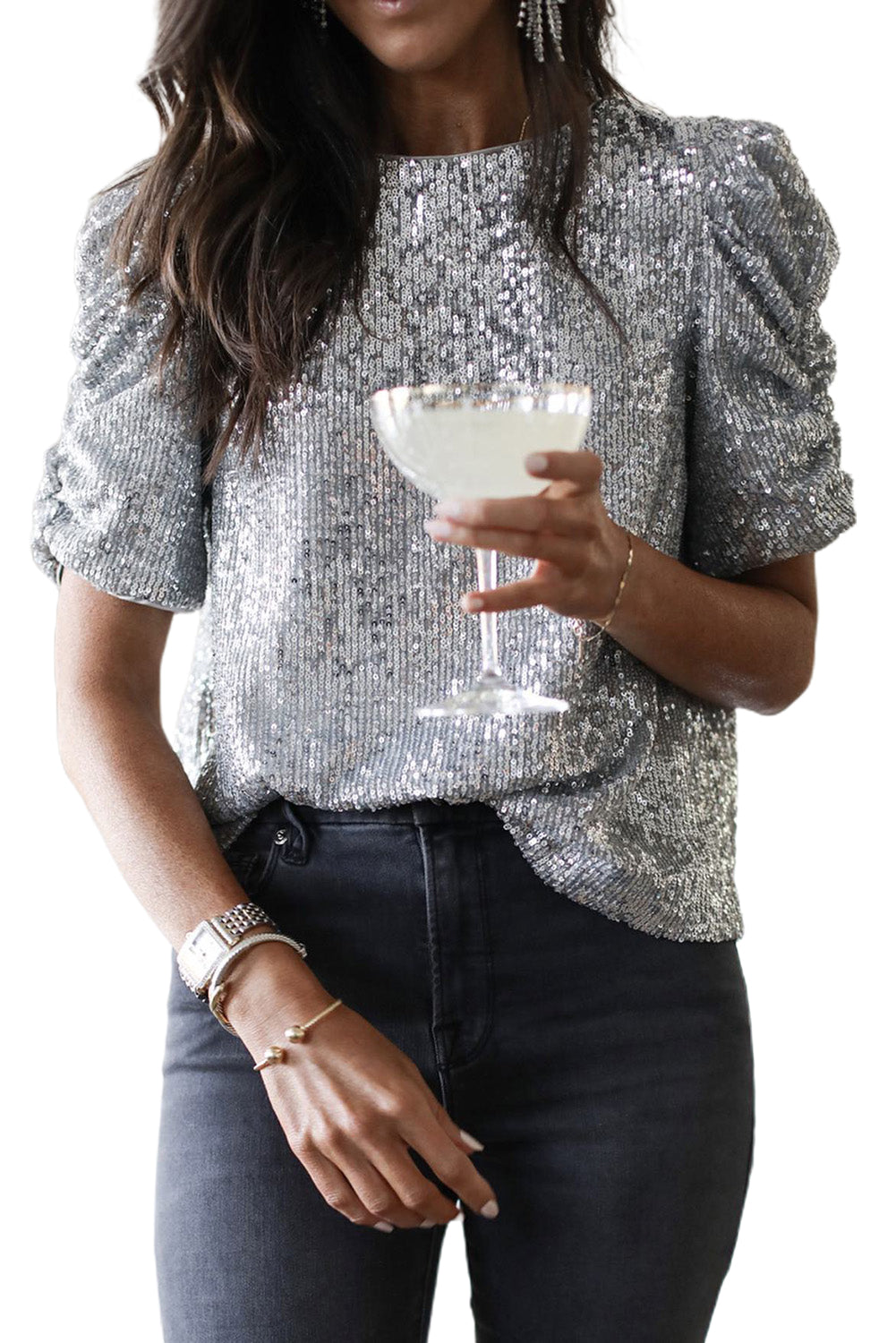 Silvery Ruched Puff Sleeve Sequins Short Sleeve Blouse