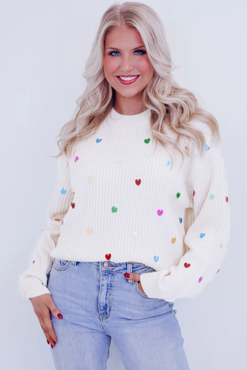 Sequin Heart Pattern Round Neck Knit Sweater