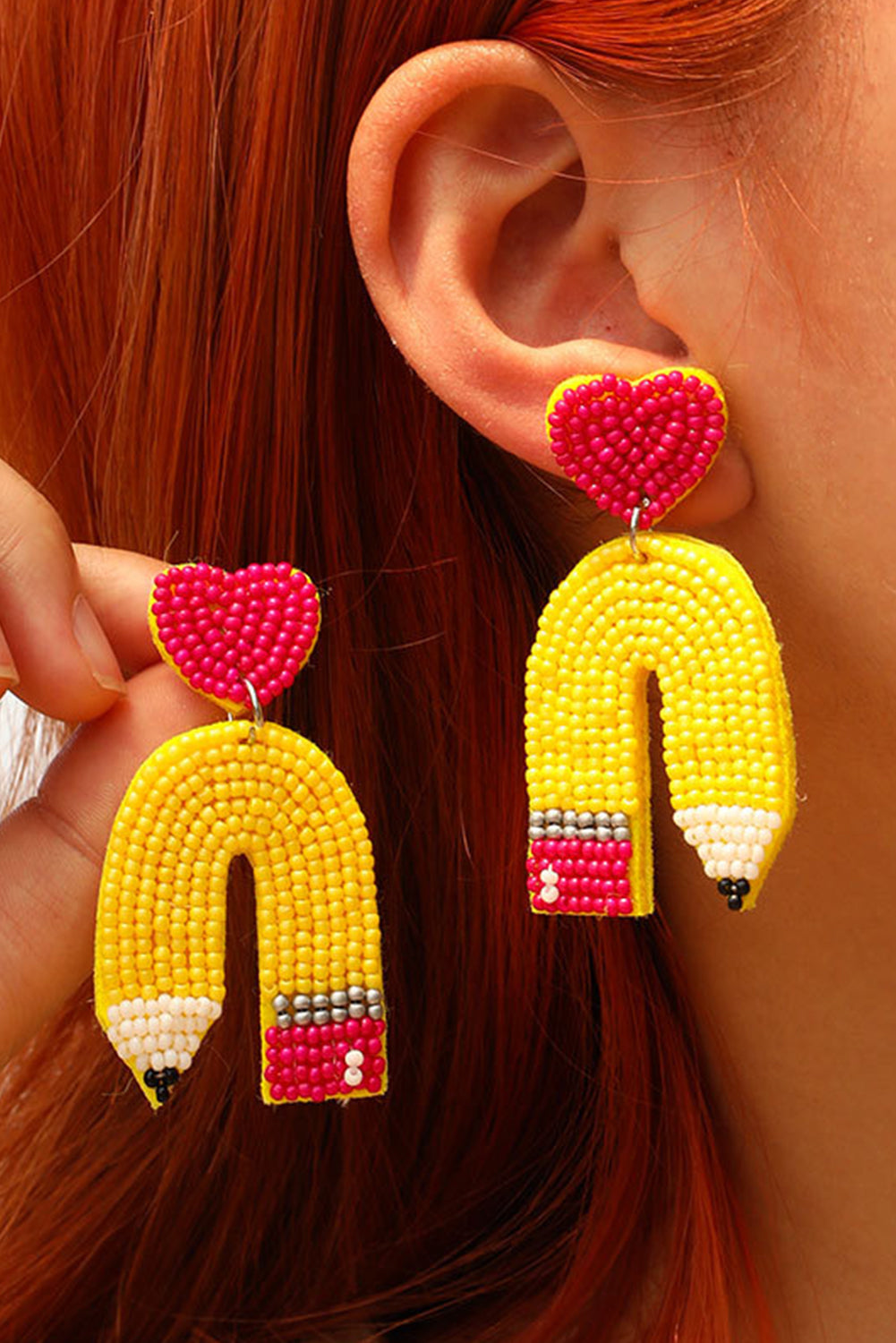 Yellow Heart Shape Pencil Rice Bead Drop Earrings