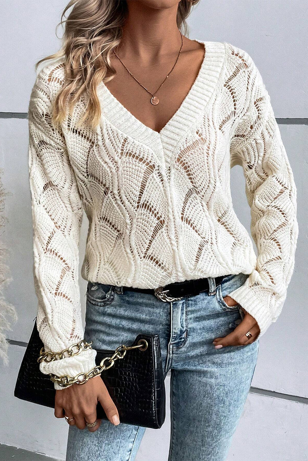 Knit Hollow Out V Neck Drop Shoulder Sweater