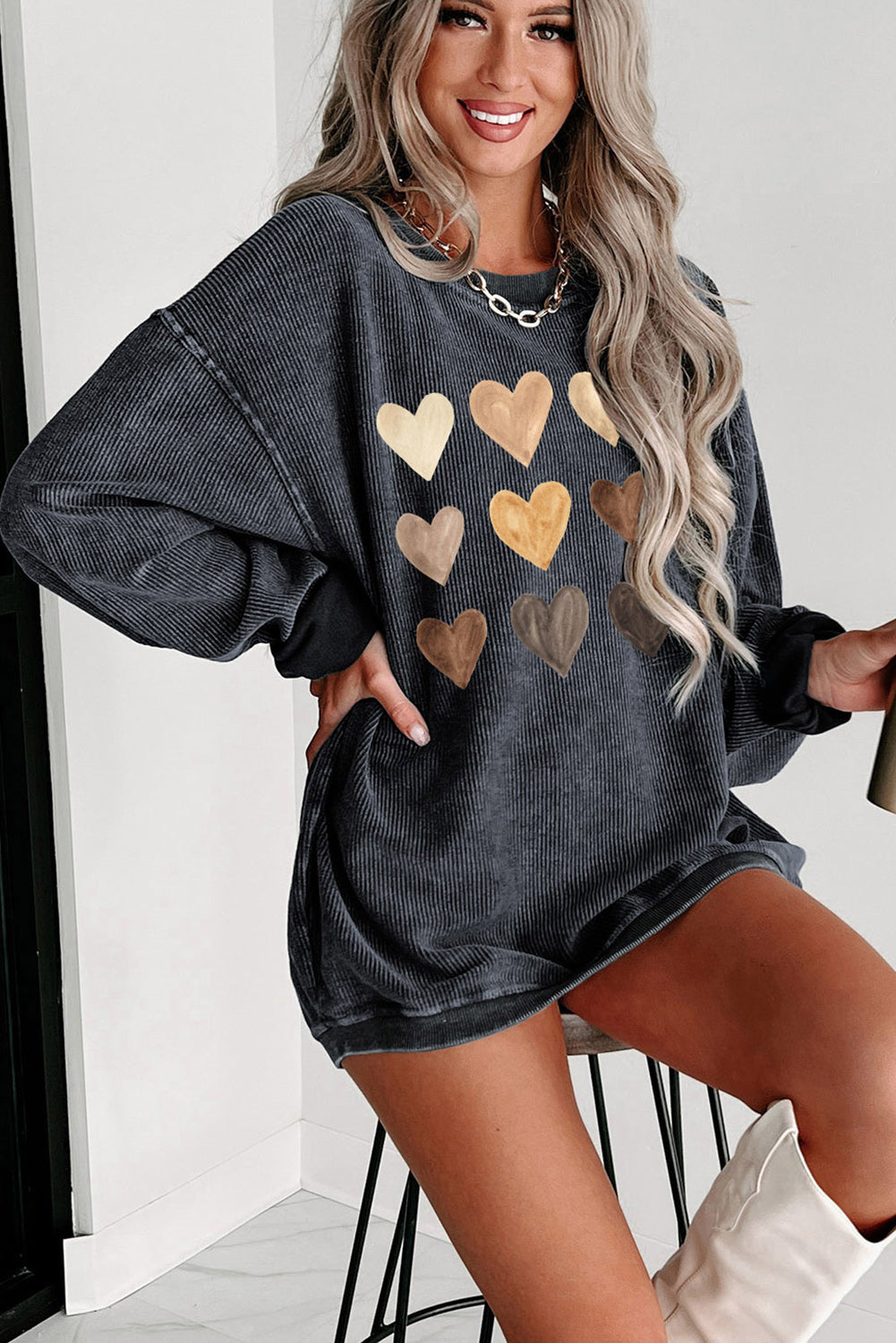 Gray Corded Valentine Heart Shape Graphic Sweatshirt