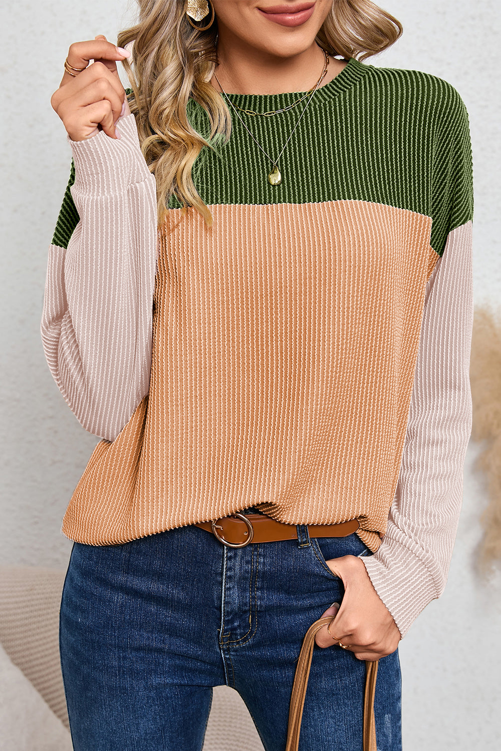 Ribbed Color Block Long Sleeve Top