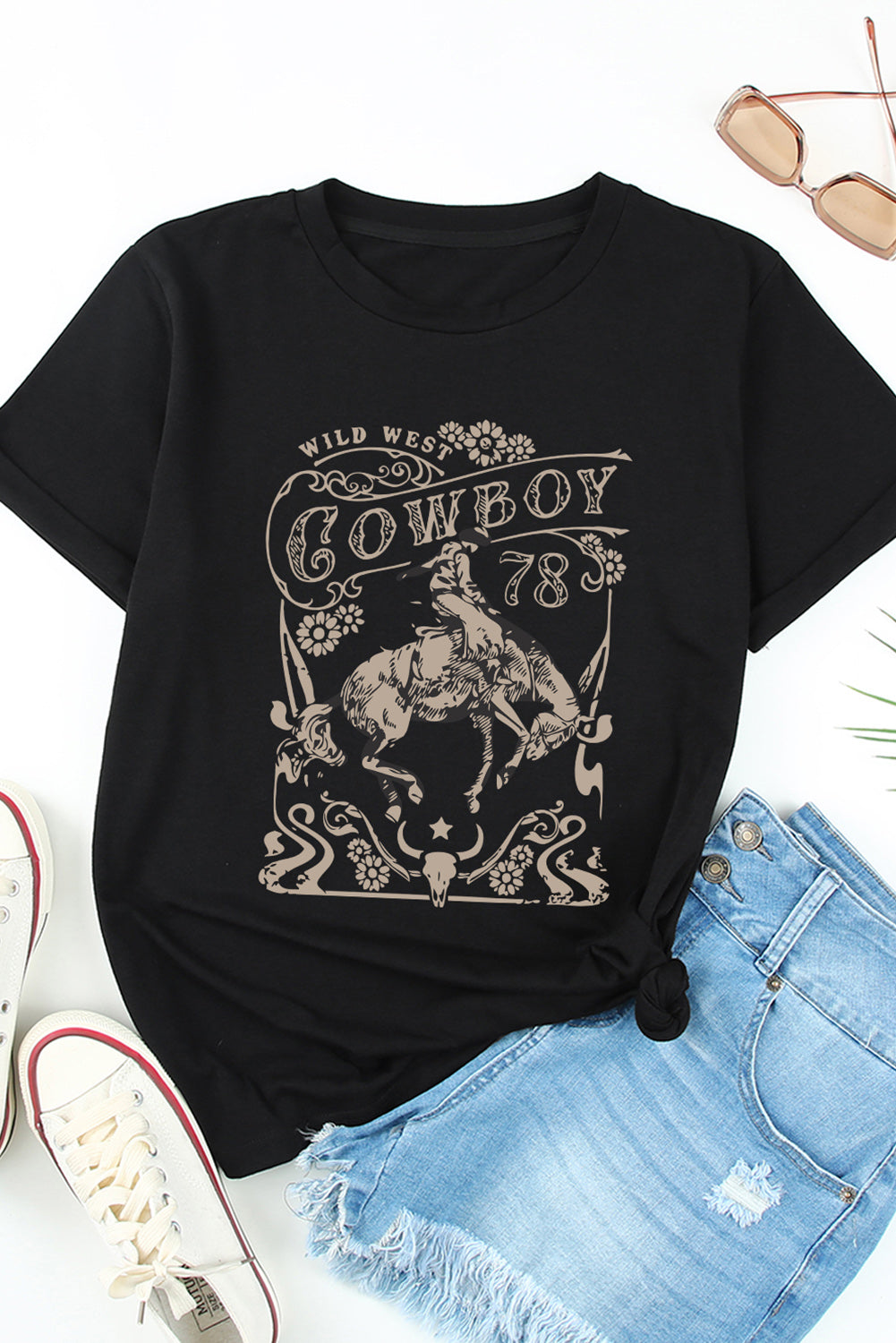 Black Western COWBOY 78 Graphic Crew Neck T Shirt
