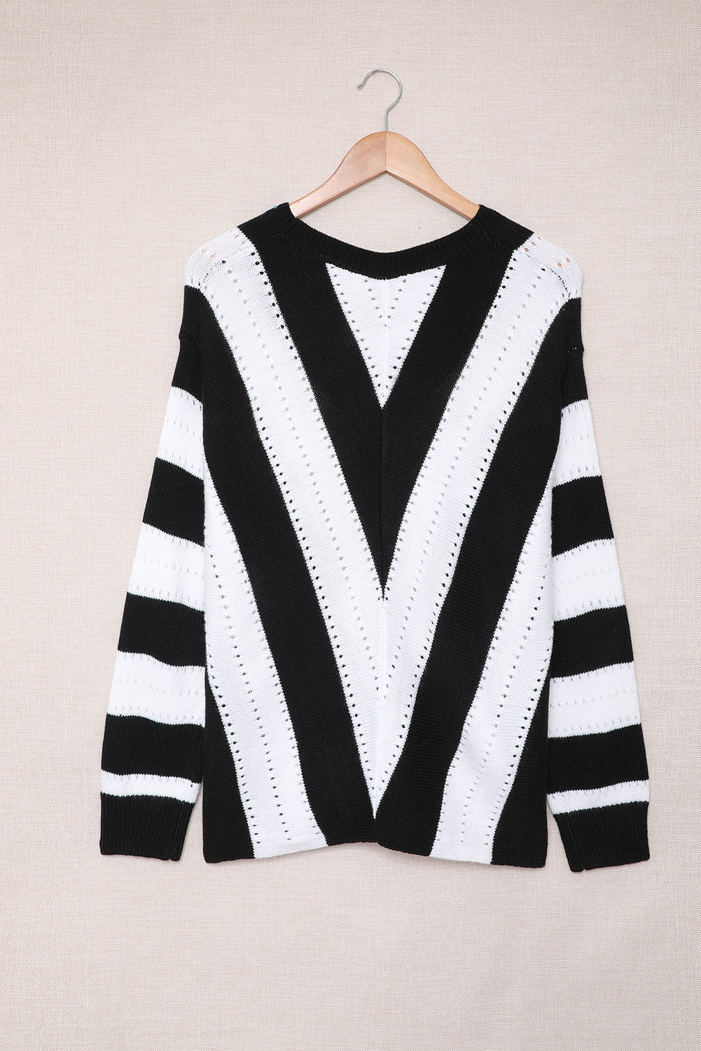 Blue Striped Colorblock V Neck Knitted Sweater