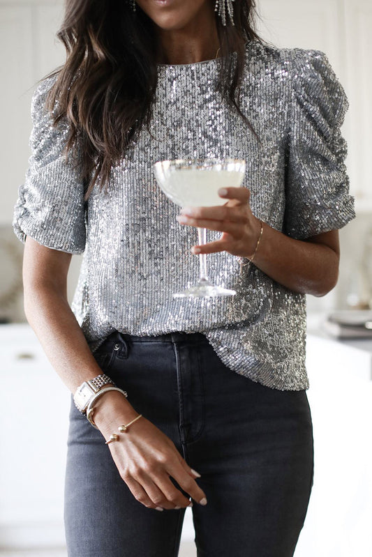 Silvery Ruched Puff Sleeve Sequins Short Sleeve Blouse