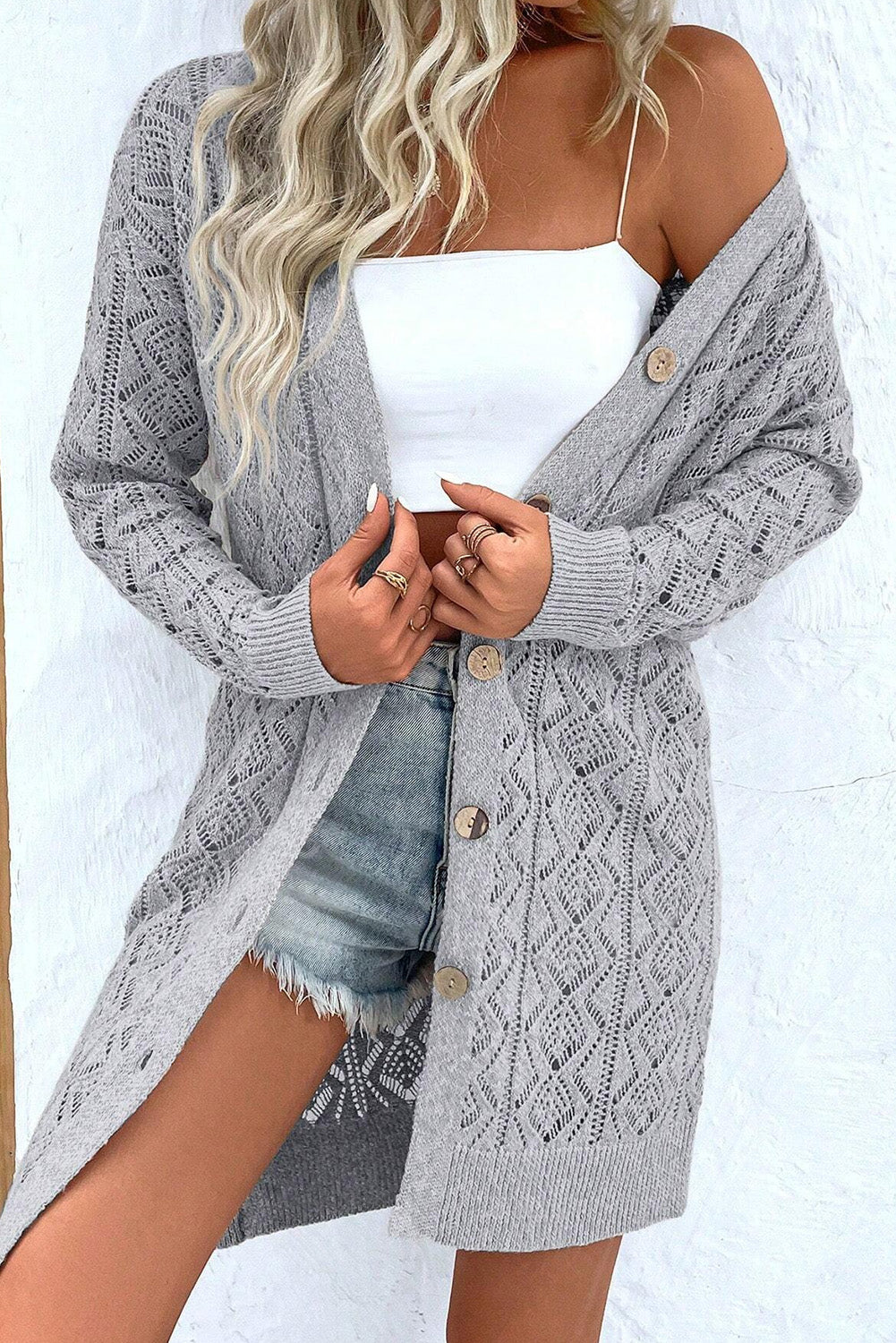 Hollow Out Button Front Long Cardigan