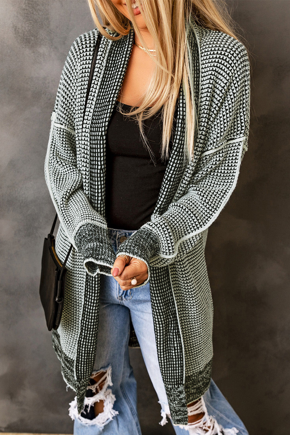 Plaid Casual Contrast Trim Knit Cardigan