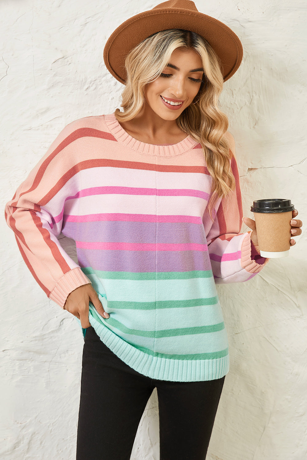 Striped Ribbed Edge Gradient Loose Sweater