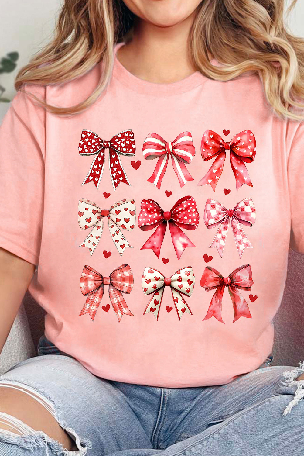 Pink Cute Heart Bow Graphic Round Neck Valentines T Shirt