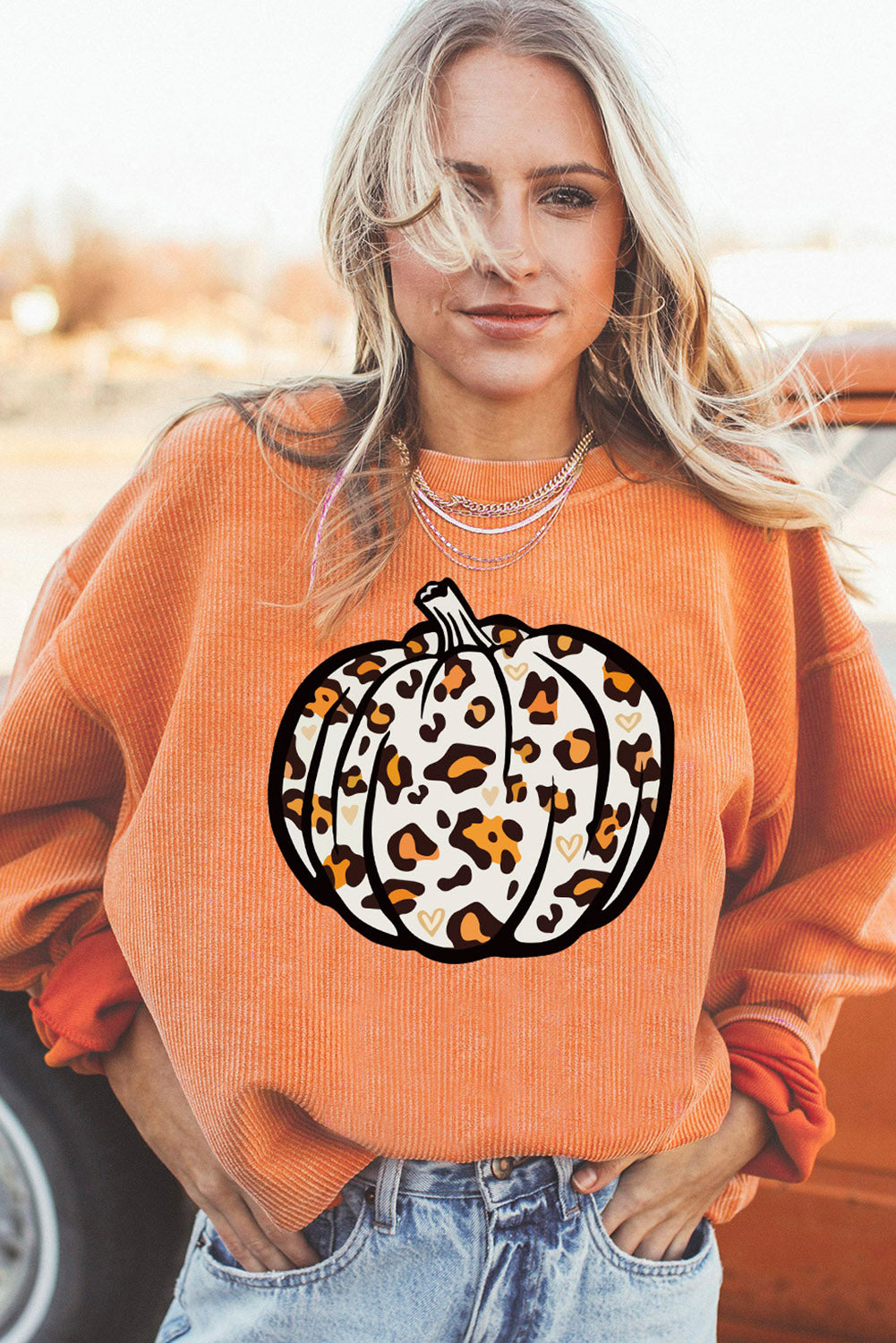 Leopard Pumpkin Graphic Corded Sweatshirt