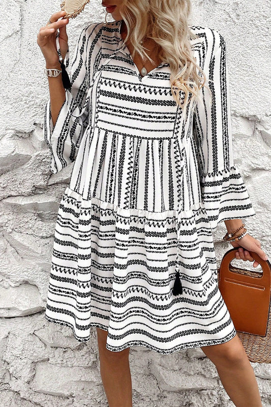 Striped Fringe Tie Neck Bell Sleeve V Neck Mini Dress