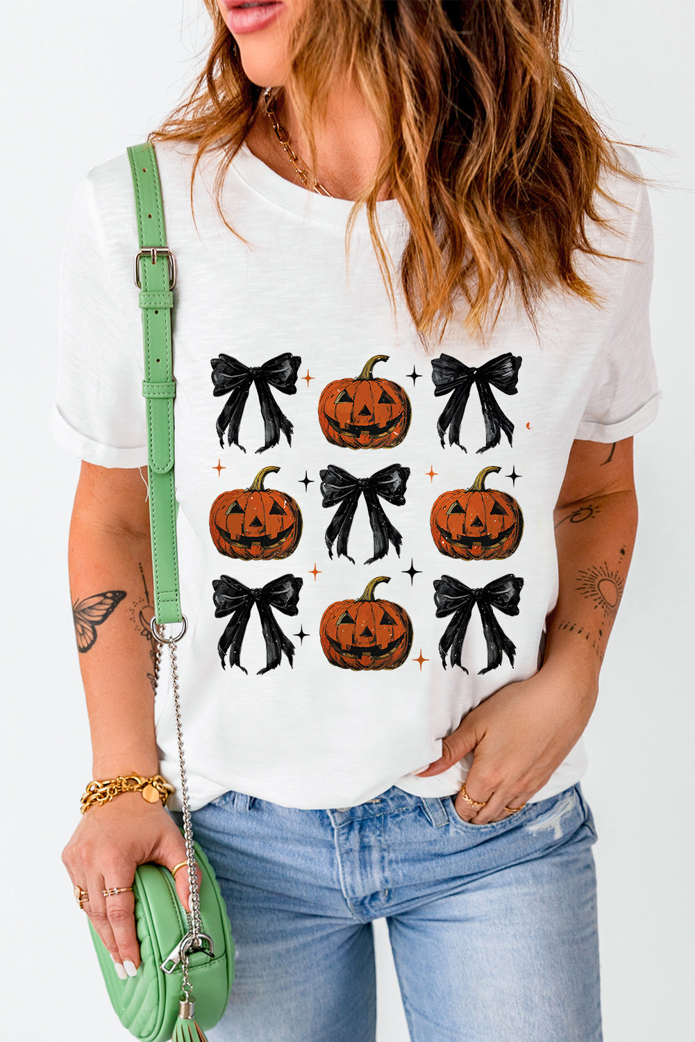 Halloween Pumpkin Face Bowknot Graphic T Shirt