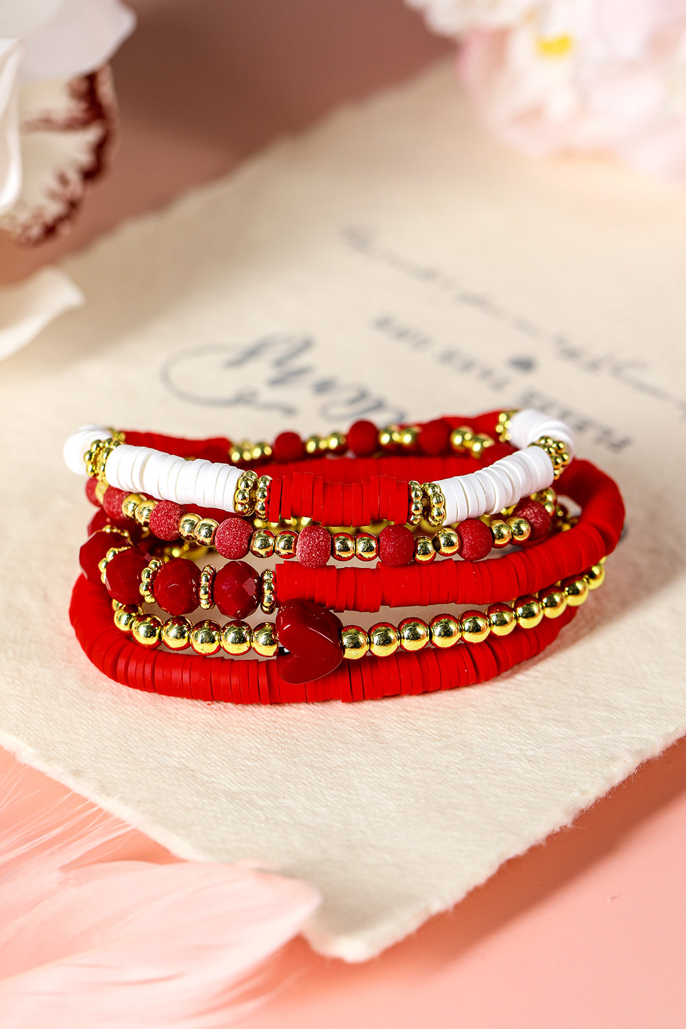 Fiery Red Beaded Heart Stackable Bracelet