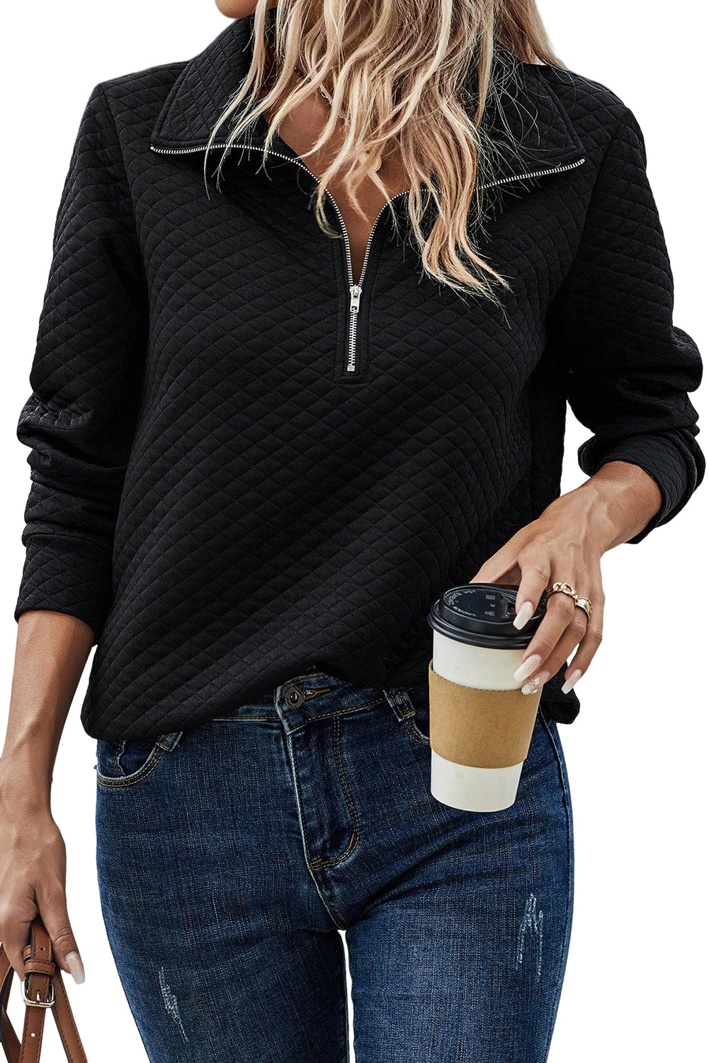 Solid Color Half Zipper Quilted Pullover Sweatshirt