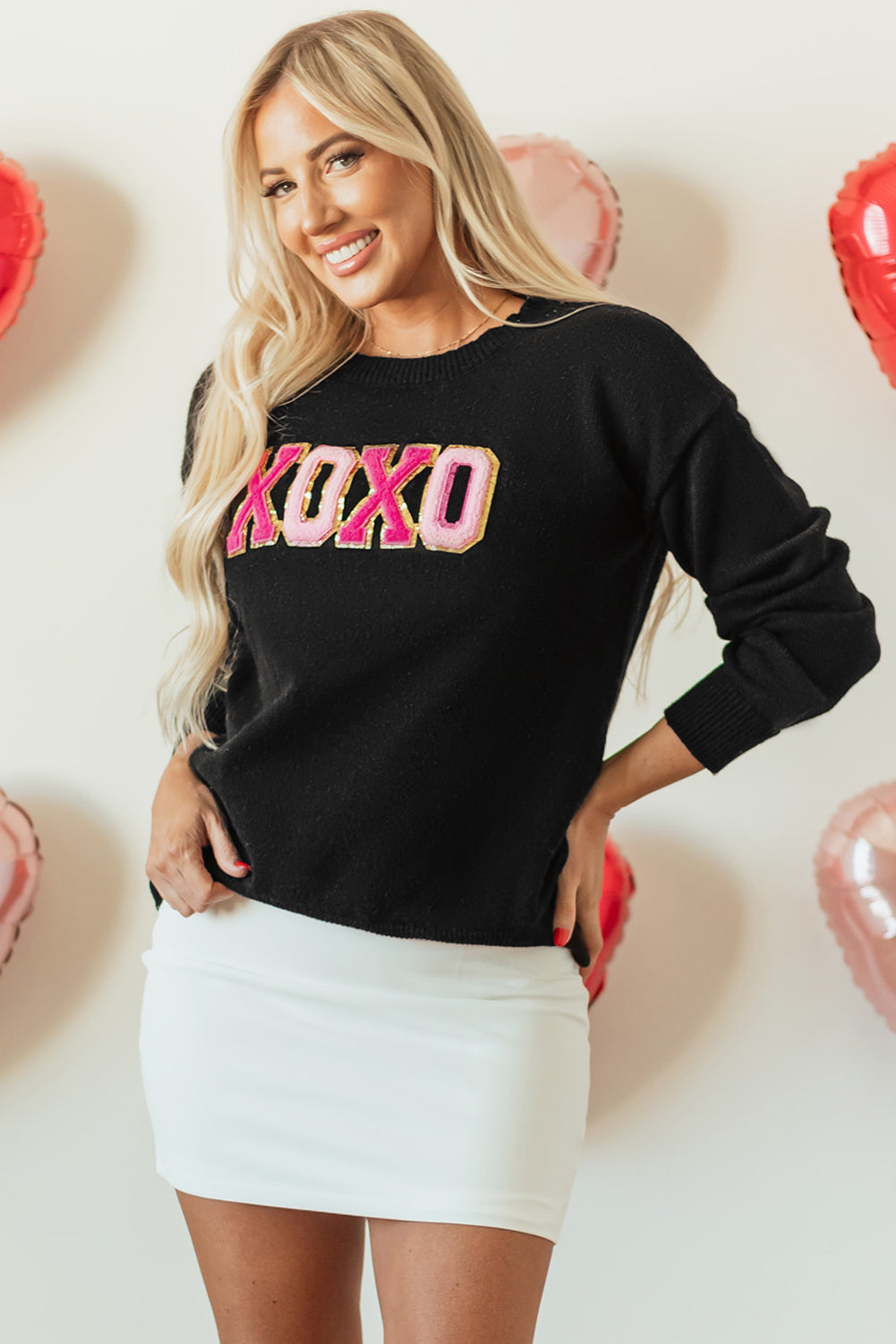 Pink Howdy Heart Graphic Round Neck Casual Sweater