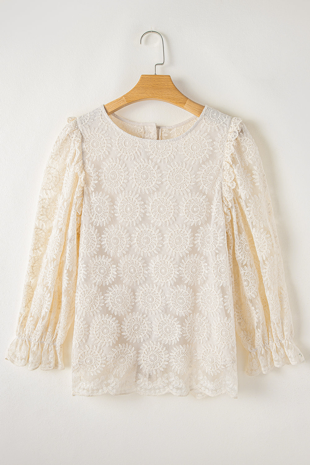 Flower Jacquard Button Back Ruffle 3/4 Sleeve Blouse