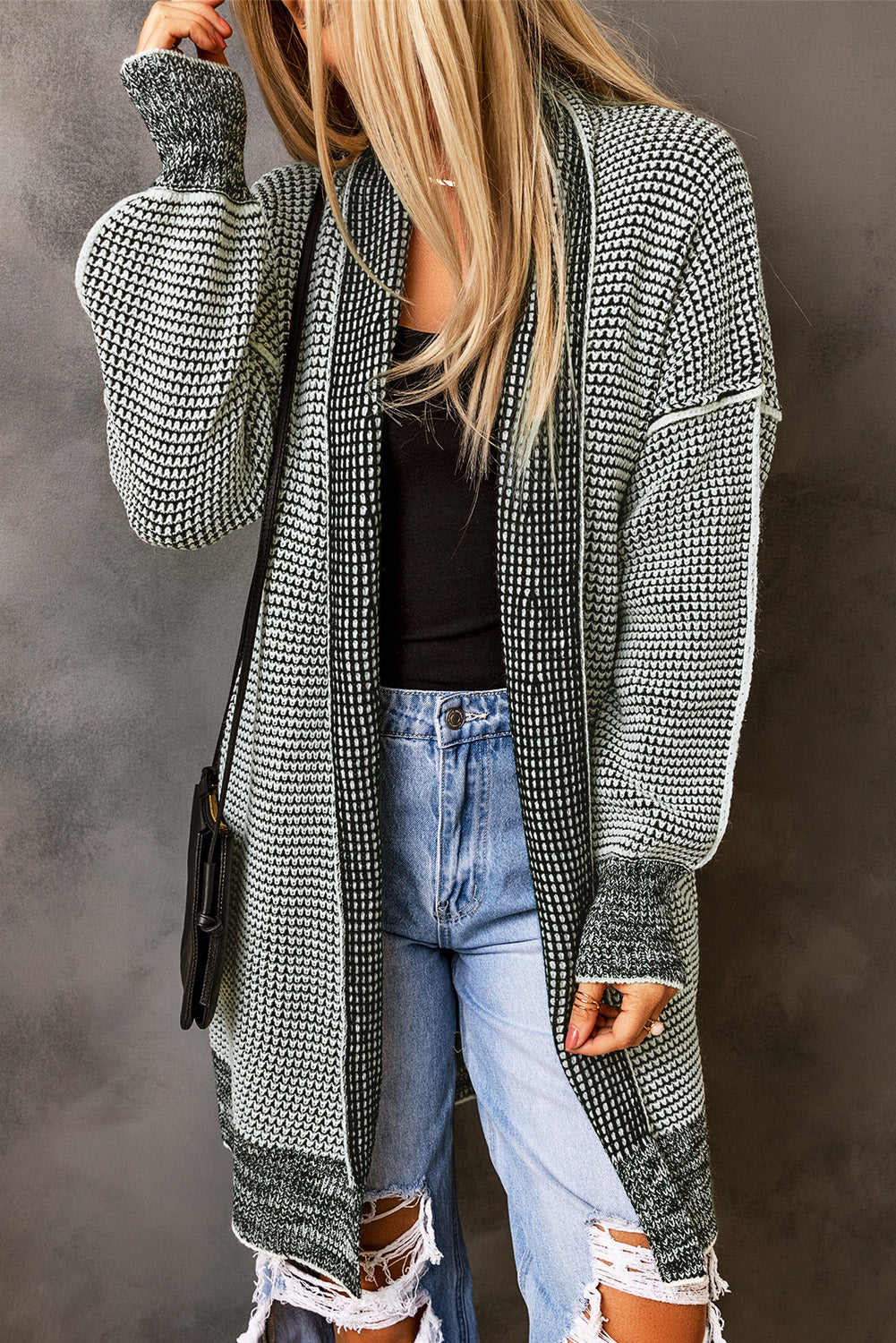 Plaid Casual Contrast Trim Knit Cardigan