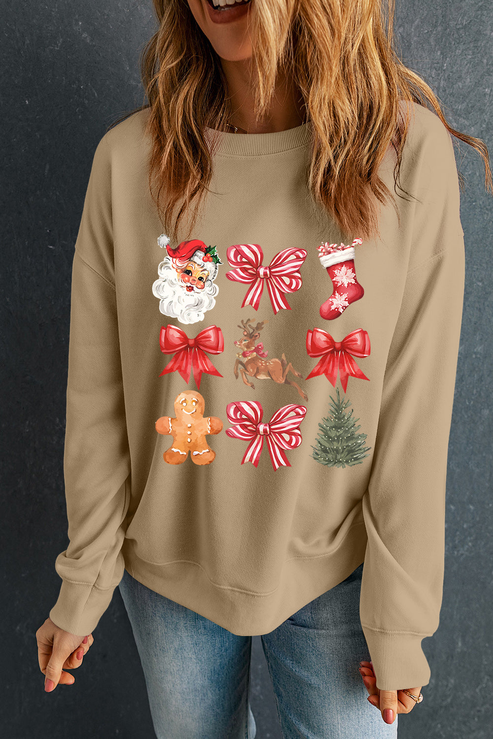 Khaki Christmas Pattern Graphic Crewneck Sweatshirt