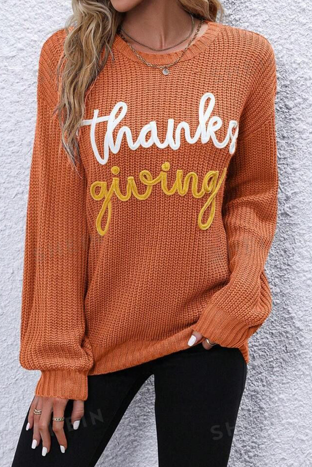 Flame Thanksgiving Letter Graphic Crew Neck Sweater