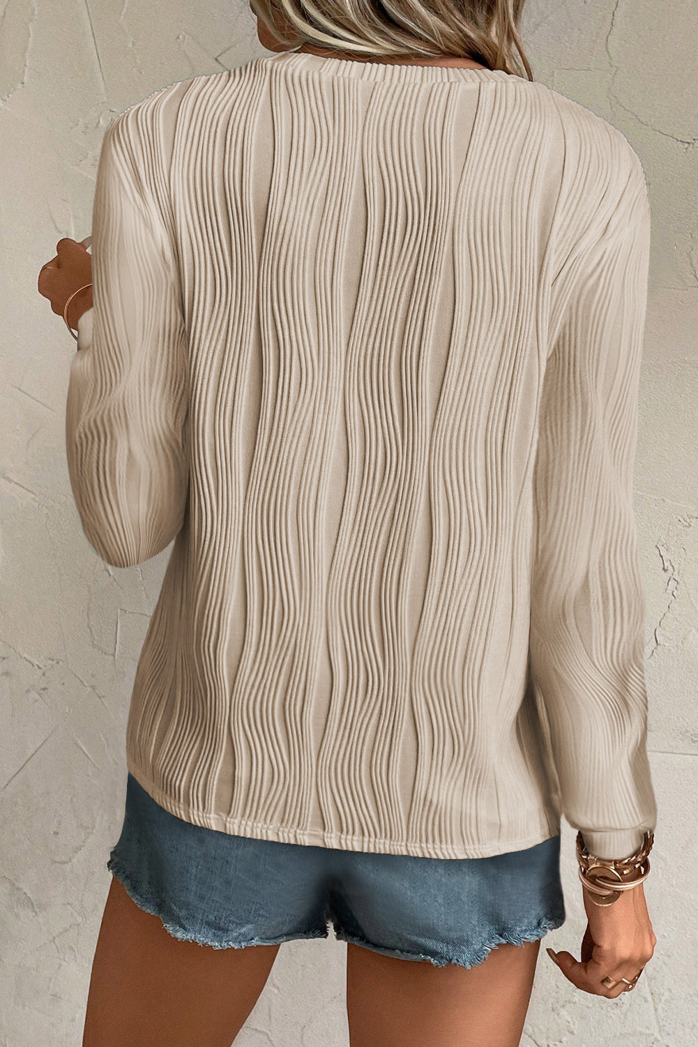 Wavy Textured Solid Color Drop Shoulder Pullover Top