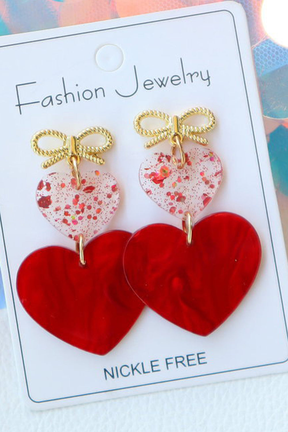 Fiery Red Heart Bowknot Valentines Earrings