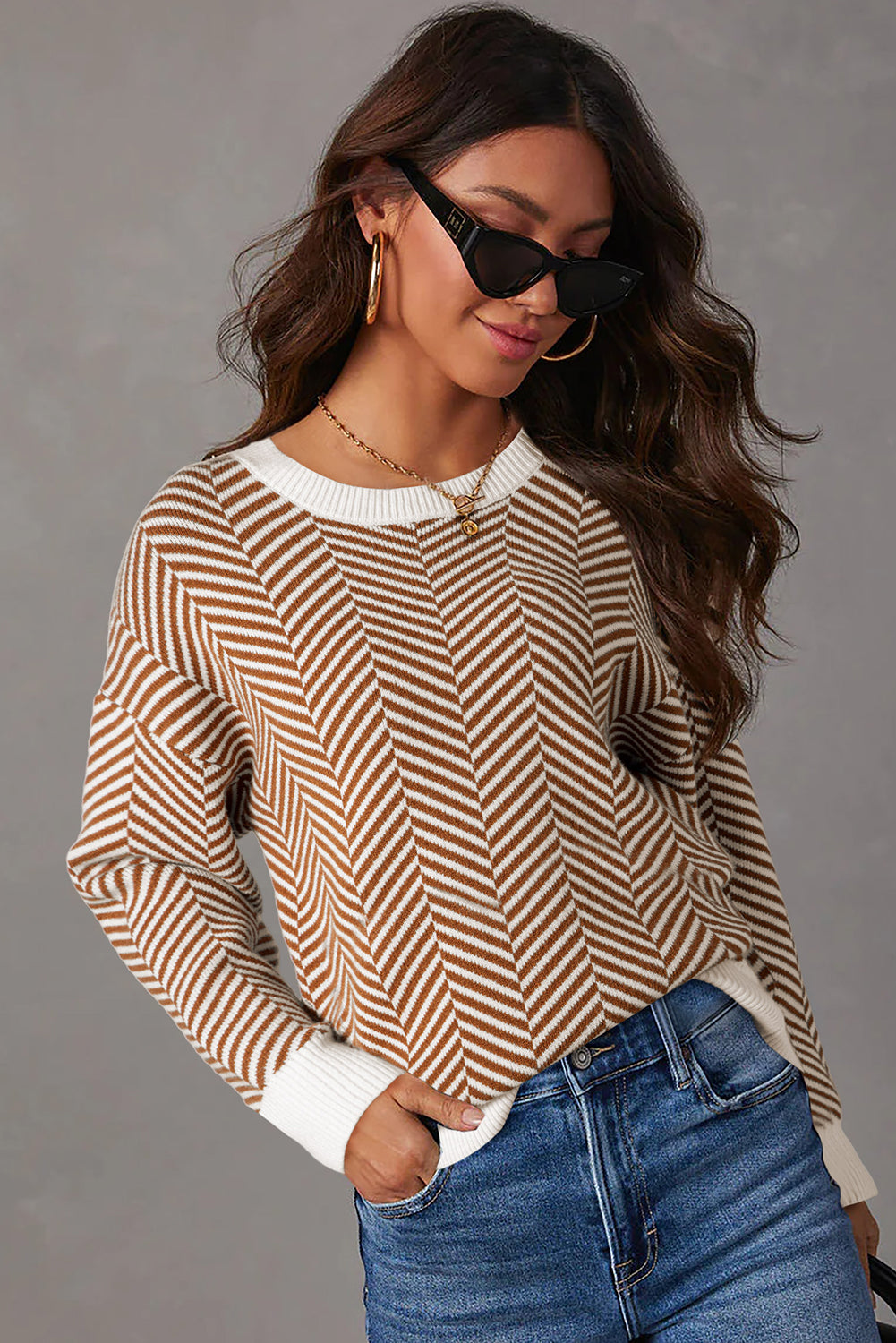 Contrast Edge Crew Neck Drop Shoulder Sweater